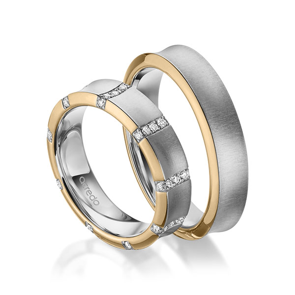 Set Bicolor trouwringen in roségoud 14 kt. grijsgoud 14 kt. met in totaal 0,36 ct. Briljant tw/si van acredo