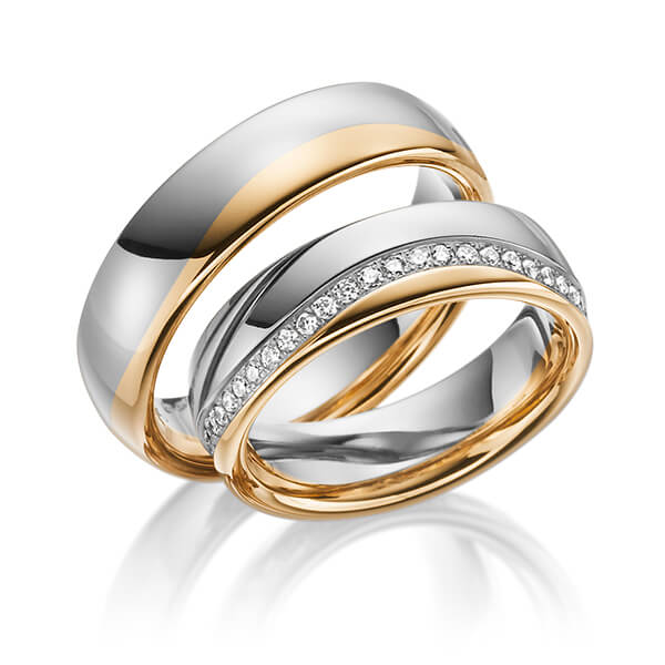 Set Bicolor trouwringen in roségoud 14 kt. grijsgoud 14 kt. met in totaal 0,47 ct. Briljant tw/si van Steinberg - Q-1192-2 Set Bicolor trouwringen in roségoud 14 kt. grijsgoud 14 kt. met in totaal 0,47 ct. Briljant tw/si van Steinberg - Q-1192-2