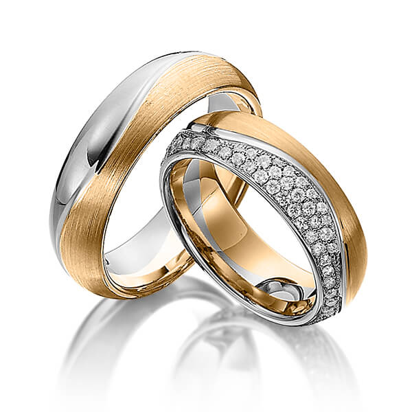 Set Bicolor trouwringen in roségoud 14 kt. grijsgoud 14 kt. met in totaal 0,72 ct. Briljant tw/si van Steinberg
