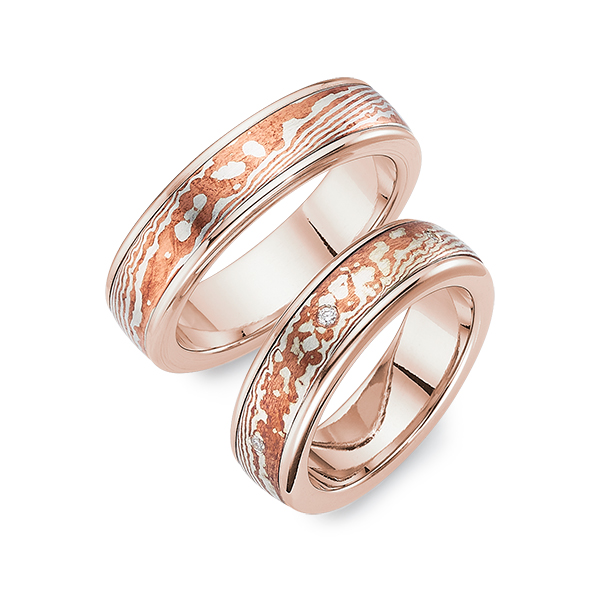 Set Bicolor trouwringen in roségoud 14 kt. Mokume Gane silver 925 copper met in totaal 0,06 ct. Briljant tw/si - UQ-1134-5