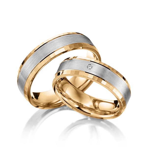 Set Bicolor trouwringen in roségoud 14 kt. palladium 14 kt. met in totaal 0,01 ct. Briljant tw/si van Merii