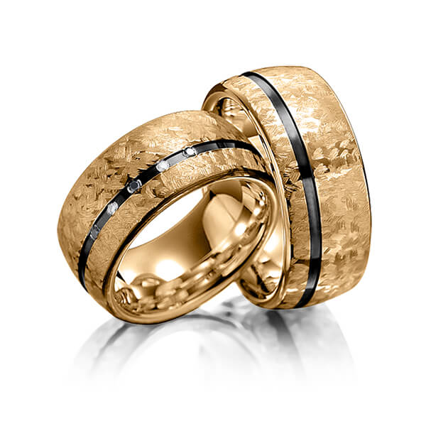 Set Bicolor trouwringen in roségoud 14 kt. palladium 14 kt. met in totaal 0,05 ct. Briljant tw/si Zwart van Merii