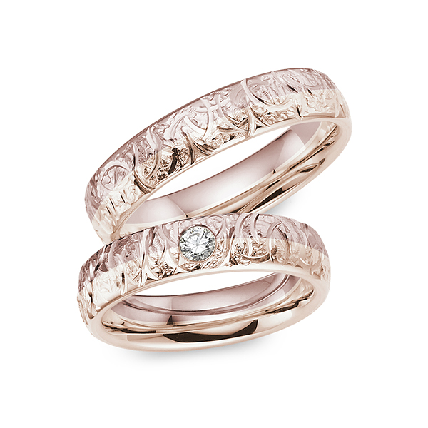 Set Bicolor trouwringen in roségoud 14 kt. roodgoud 14 kt. met in totaal 0,1 ct. Briljant tw/si van Merii