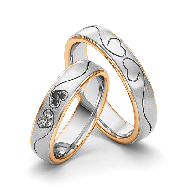 Set Bicolor trouwringen in roségoud 14 kt. witgoud 14 kt. Hart met in totaal 0,06 ct. Briljant Zwart tw/si van Eternal Touch