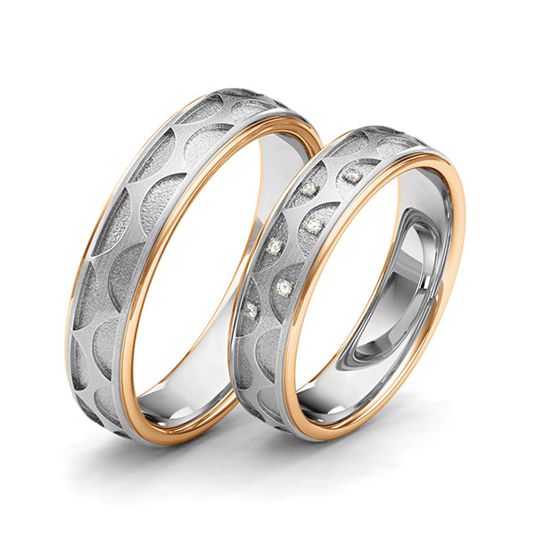 Set Bicolor trouwringen in roségoud 14 kt. witgoud 14 kt. Laser Structuur met in totaal 0,03 ct. Briljant tw/si van Eternal Touch