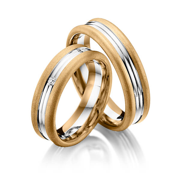 Set Bicolor trouwringen in roségoud 14 kt. witgoud 14 kt. met in totaal 0,02 ct. Briljant tw/si van Merii
