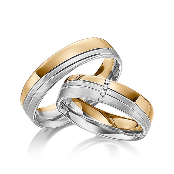 Set Bicolor trouwringen in roségoud 14 kt. witgoud 14 kt. met in totaal 0,02 ct. Briljant tw/si van Steinberg - Q-1174-2 Set Bicolor trouwringen in roségoud 14 kt. witgoud 14 kt. met in totaal 0,02 ct. Briljant tw/si van Steinberg - Q-1174-2