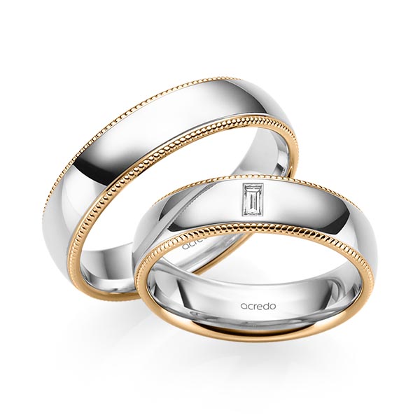 Set Bicolor trouwringen in roségoud 14 kt. witgoud 14 kt. met in totaal 0,05 ct. Baguette-Diamant tw,vs van acredo