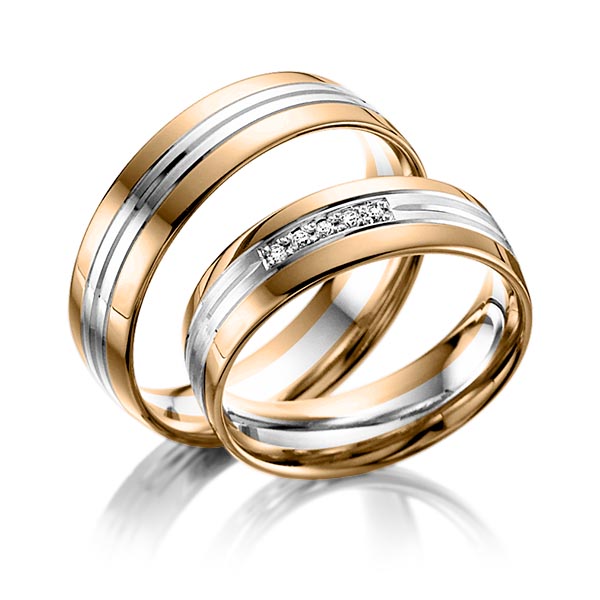 Set Bicolor trouwringen in roségoud 14 kt. witgoud 14 kt. met in totaal 0,05 ct. Briljant tw/si van Steinberg - Q-1052-2