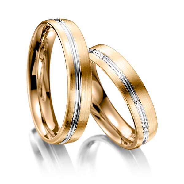 Set Bicolor trouwringen in roségoud 14 kt. witgoud 14 kt. met in totaal 0,05 ct. Briljant tw/si van Steinberg - Q-1198-10 Set Bicolor trouwringen in roségoud 14 kt. witgoud 14 kt. met in totaal 0,05 ct. Briljant tw/si van Steinberg - Q-1198-10