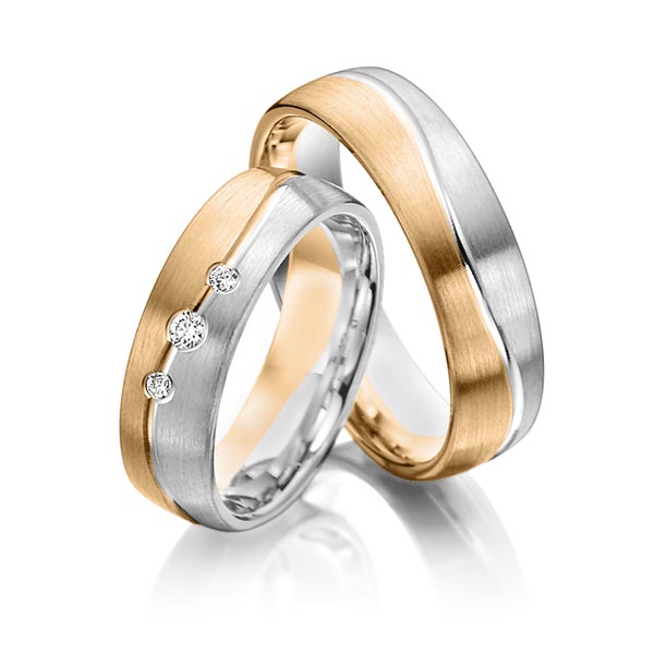 Set Bicolor trouwringen in roségoud 14 kt. witgoud 14 kt. met in totaal 0,08 ct. Briljant tw/si van Steinberg