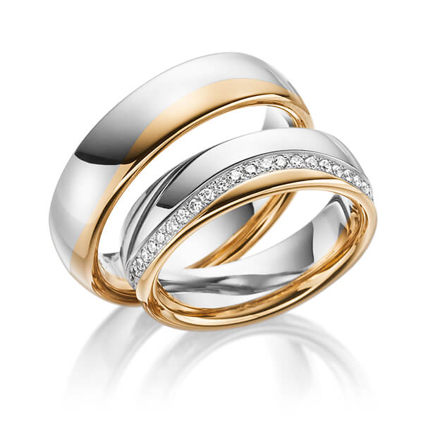 Set Bicolor trouwringen in roségoud 14 kt. witgoud 14 kt. met in totaal 0,47 ct. Briljant tw/si van Steinberg - Q-1192-5 Set Bicolor trouwringen in roségoud 14 kt. witgoud 14 kt. met in totaal 0,47 ct. Briljant tw/si van Steinberg - Q-1192-5