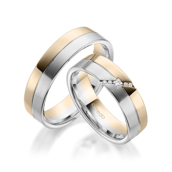 Set Bicolor trouwringen in Signature Goud 585 witgoud 14 kt. met in totaal 0,05 ct. Briljant & Princess-Diamant tw/si van acredo - A-1954-13 Set Bicolor trouwringen in Signature Goud 585 witgoud 14 kt. met in totaal 0,05 ct. Briljant & Princess-Diamant tw/si van acredo - A-1954-13