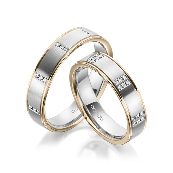 Set Bicolor trouwringen in Signature Goud 585 witgoud 14 kt. met in totaal 0,42 ct. Briljant tw,vs van acredo