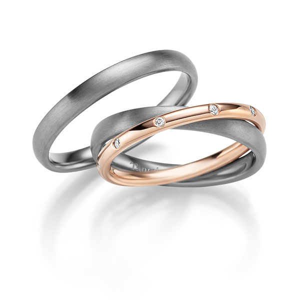 Set Bicolor trouwringen in Tantalum geelgoud 14 kt. met in totaal 0,05 ct. Briljant tw/si - UQ-1108-1