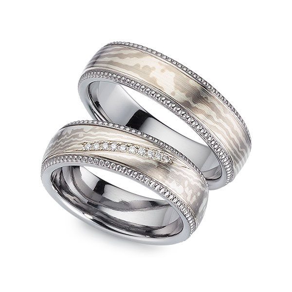 Set Bicolor trouwringen in Tantalum Mokume Gane silver 925 palladium 500 met in totaal 0,05 ct. Briljant tw/si - UQ-1140-1