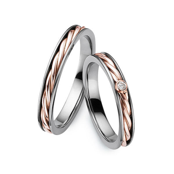 Set Bicolor trouwringen in Tantalum roodgoud 14 kt. met in totaal 0,03 ct. Briljant tw/si - UQ-1133-2