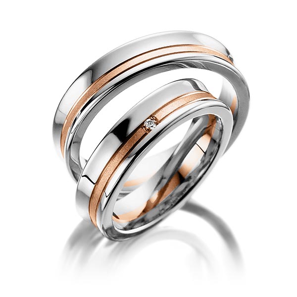 Set Bicolor trouwringen in wit 9 kt. goudhoudend metaal (37,5%) rood 9 kt. goudhoudend metaal (37,5%) met in totaal 0,015 ct. Briljant tw/si van Steinberg - Q-1050-3