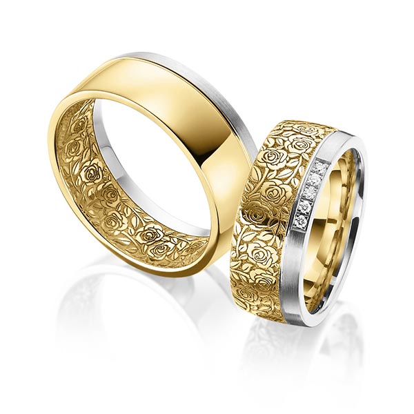 Set Bicolor trouwringen in witgoud 14 kt. geelgoud 14 kt. Laser Structuur met in totaal 0,05 ct. Briljant tw/si van Eternal Touch