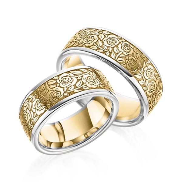 Set Bicolor trouwringen in witgoud 14 kt. geelgoud 14 kt. Laser Structuur van Eternal Touch