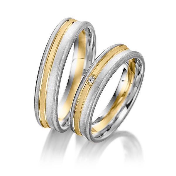 Set Bicolor trouwringen in witgoud 14 kt. geelgoud 14 kt. met in totaal 0,01 ct. Briljant tw/si van Merii