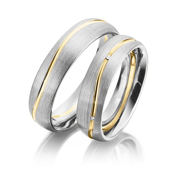 Set Bicolor trouwringen in witgoud 14 kt. geelgoud 14 kt. met in totaal 0,025 ct. Briljant tw/si van Eternal Touch