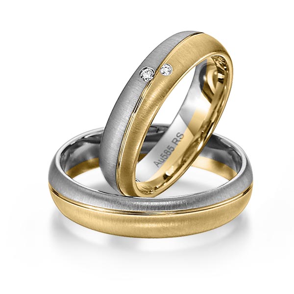 Set Bicolor trouwringen in witgoud 14 kt. geelgoud 14 kt. met in totaal 0,028 ct. Briljant tw/si tw,vs van acredo