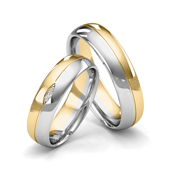 Set Bicolor trouwringen in witgoud 14 kt. geelgoud 14 kt. met in totaal 0,02 ct. Briljant tw/si van Merii