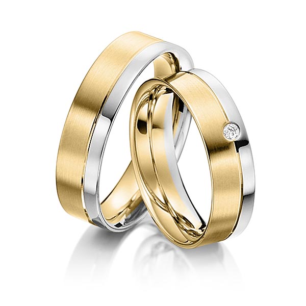 Set Bicolor trouwringen in witgoud 14 kt. geelgoud 14 kt. met in totaal 0,03 ct. Briljant tw/si van acredo - S-1110-1