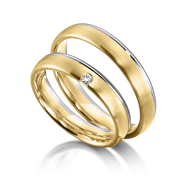 Set Bicolor trouwringen in witgoud 14 kt. geelgoud 14 kt. met in totaal 0,03 ct. Briljant tw/si van acredo - S-1151-2