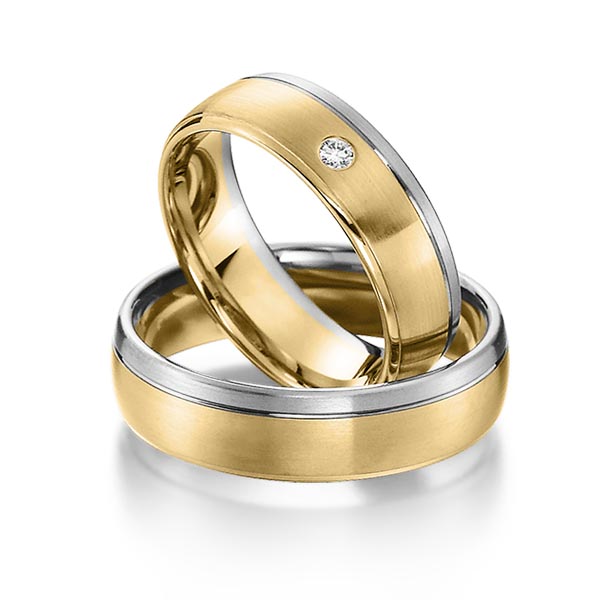 Set Bicolor trouwringen in witgoud 14 kt. geelgoud 14 kt. met in totaal 0,03 ct. Briljant tw/si van acredo - S-1161-3