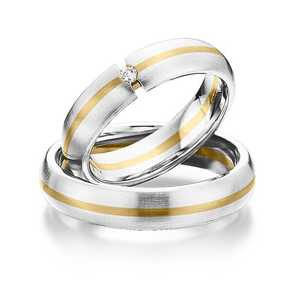 Set Bicolor trouwringen in witgoud 14 kt. geelgoud 14 kt. met in totaal 0,03 ct. Briljant tw/si van Eternal Touch