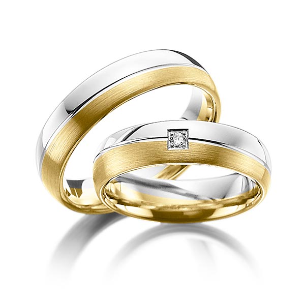 Set Bicolor trouwringen in witgoud 14 kt. geelgoud 14 kt. met in totaal 0,03 ct. Briljant tw/si van Steinberg