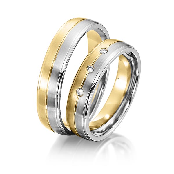 Set Bicolor trouwringen in witgoud 14 kt. geelgoud 14 kt. met in totaal 0,045 ct. Briljant tw/si van acredo - S-1158-2