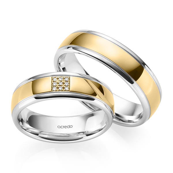 Set Bicolor trouwringen in witgoud 14 kt. geelgoud 14 kt. met in totaal 0,045 ct. Briljant tw/si van acredo