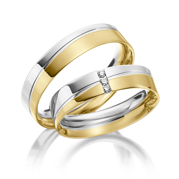 Set Bicolor trouwringen in witgoud 14 kt. geelgoud 14 kt. met in totaal 0,045 ct. Briljant tw/si van Steinberg - Q-1172-2 Set Bicolor trouwringen in witgoud 14 kt. geelgoud 14 kt. met in totaal 0,045 ct. Briljant tw/si van Steinberg - Q-1172-2