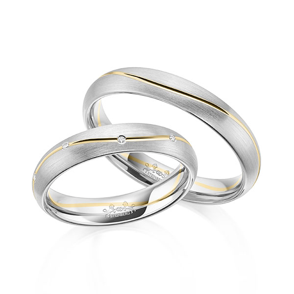 Set Bicolor trouwringen in witgoud 14 kt. geelgoud 14 kt. met in totaal 0,045 ct. Briljant tw/si van Steinberg