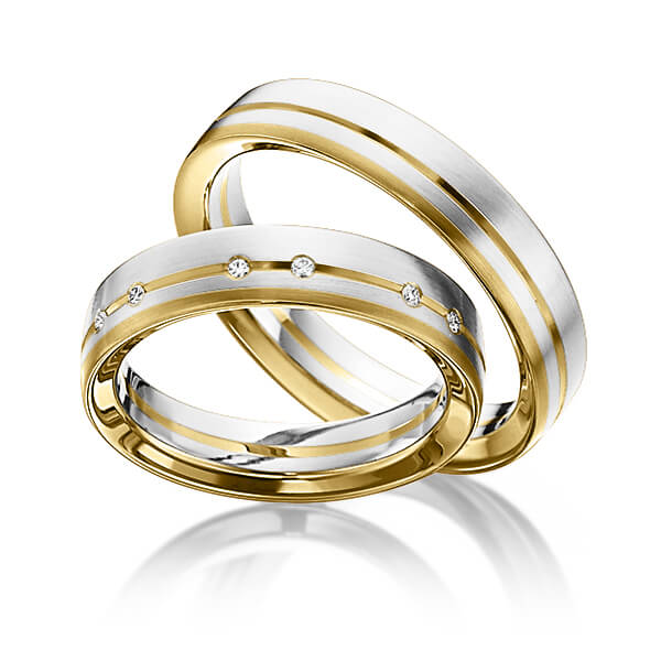 Set Bicolor trouwringen in witgoud 14 kt. geelgoud 14 kt. met in totaal 0,048 ct. Briljant tw/si van Eternal Touch