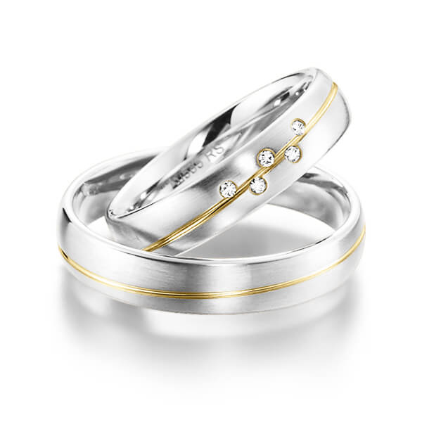 Set Bicolor trouwringen in witgoud 14 kt. geelgoud 14 kt. met in totaal 0,04 ct. Briljant tw/si van acredo - S-1143-5