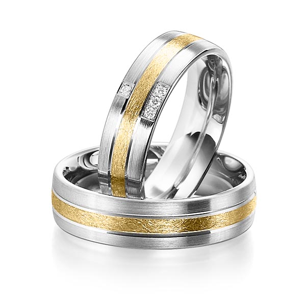 Set Bicolor trouwringen in witgoud 14 kt. geelgoud 14 kt. met in totaal 0,04 ct. Briljant tw/si van Steinberg