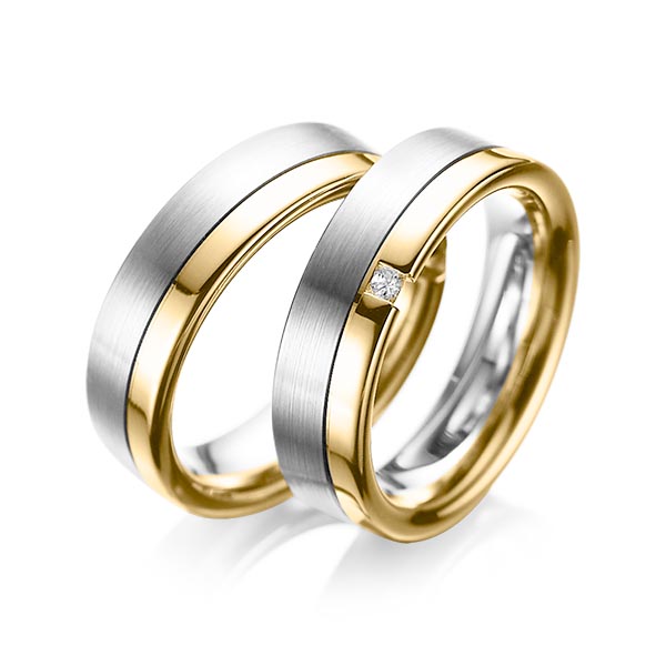 Set Bicolor trouwringen in witgoud 14 kt. geelgoud 14 kt. met in totaal 0,04 ct. Princess-Diamant tw/si van acredo - A-1064-4