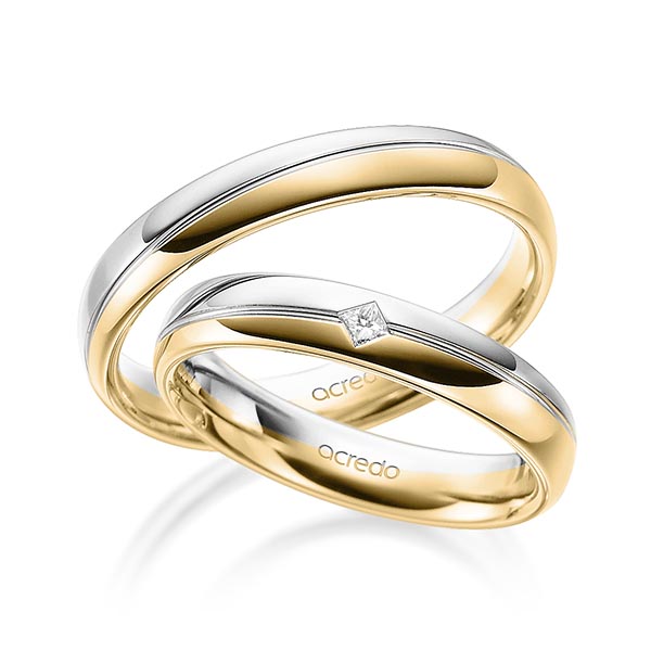 Set Bicolor trouwringen in witgoud 14 kt. geelgoud 14 kt. met in totaal 0,04 ct. Princess-Diamant tw/si van acredo
