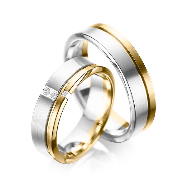 Set Bicolor trouwringen in witgoud 14 kt. geelgoud 14 kt. met in totaal 0,05 ct. Briljant tw/si van acredo - A-1088-1