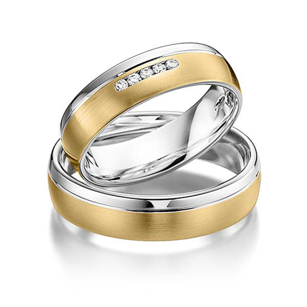 Set Bicolor trouwringen in witgoud 14 kt. geelgoud 14 kt. met in totaal 0,05 ct. Briljant tw/si van acredo - S-1101-6