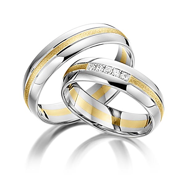 Set Bicolor trouwringen in witgoud 14 kt. geelgoud 14 kt. met in totaal 0,05 ct. Briljant tw/si van acredo - S-1108-1