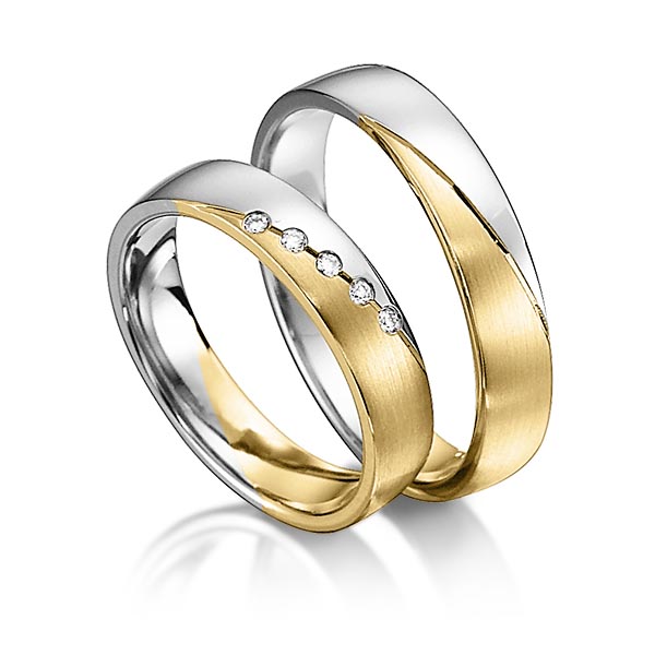 Set Bicolor trouwringen in witgoud 14 kt. geelgoud 14 kt. met in totaal 0,05 ct. Briljant tw/si van acredo - S-1146-6