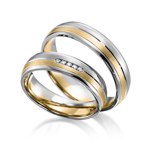 Set Bicolor trouwringen in witgoud 14 kt. geelgoud 14 kt. met in totaal 0,05 ct. Briljant tw/si van acredo - S-1157-1