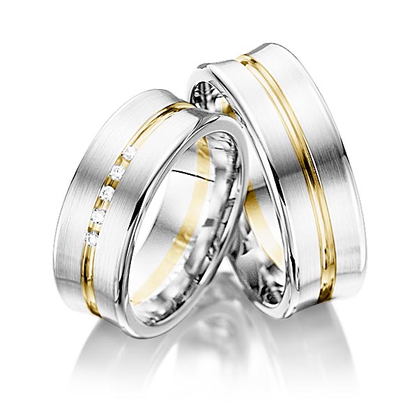 Set Bicolor trouwringen in witgoud 14 kt. geelgoud 14 kt. met in totaal 0,05 ct. Briljant tw/si van Eternal Touch