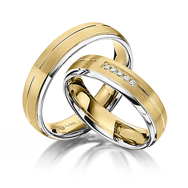 Set Bicolor trouwringen in witgoud 14 kt. geelgoud 14 kt. met in totaal 0,05 ct. Briljant tw/si van Steinberg