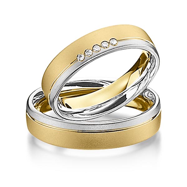 Set Bicolor trouwringen in witgoud 14 kt. geelgoud 14 kt. met in totaal 0,05 ct. Briljant tw/si van Steinberg